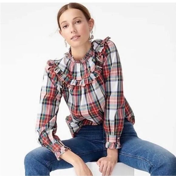 J. Crew Tops - J. Crew Scallop Tie Neck Puff Sleeve Top In Stewart Tartan Plaid Sz M